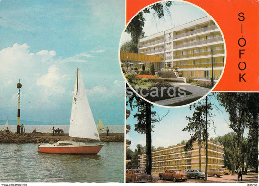 Siofok - sailing boat - hotel - cars - multiview - 1978 - Hungary - used - JH Postcards