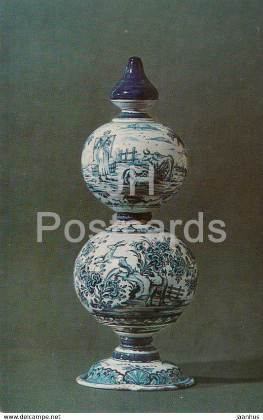 Moneybox with the appearance of a village scene, animals and flowers 1 Faience - Delftware - 1974 - Russia USSR - unused - JH Postcards