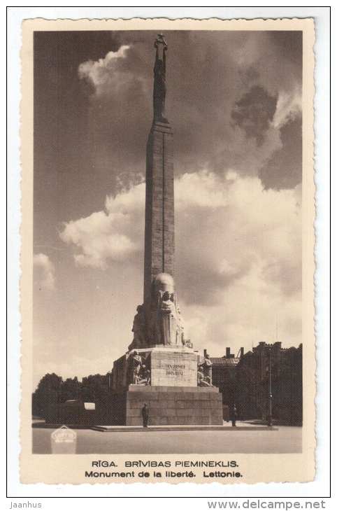 Freedom monument - Riga - Latvia - old postcard - used in 1955 - JH Postcards
