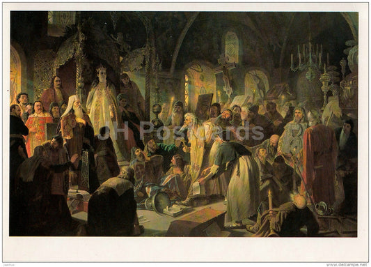 painting by V. Perov - Nikita Pustosvyat . The debate about Faith - Russian art - 1989 - Russia USSR - unused - JH Postcards