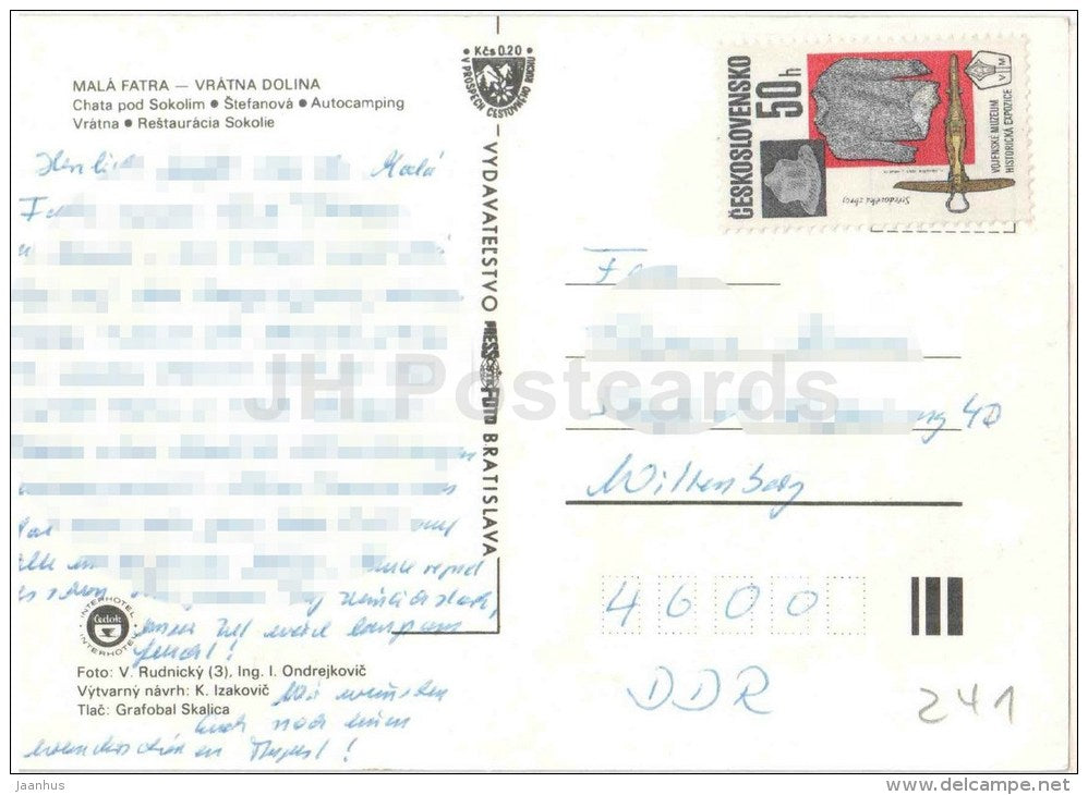 cottage - Stefanova - camping - restaurant Sokolie - Mala Fatra - Vratna valley - Czechoslovakia - Slovakia - used 1985 - JH Postcards