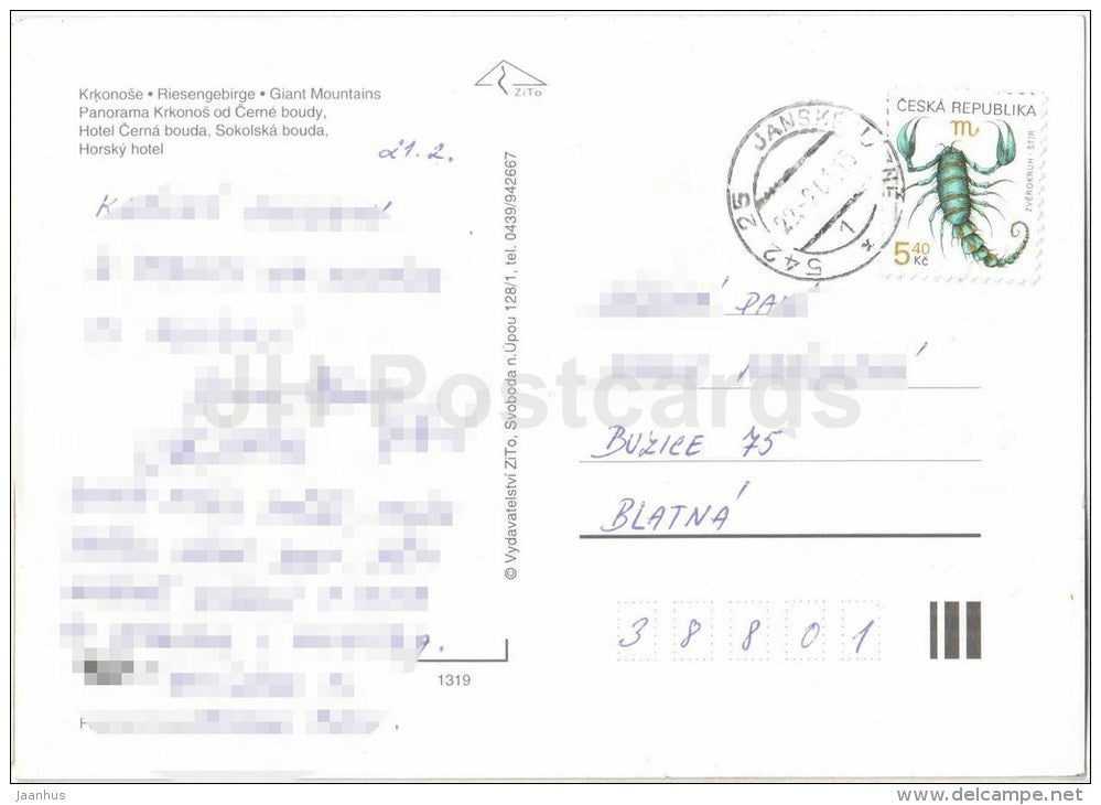 Giant Mountains - panorama - ski resort - hotel Cerna bouda - Janske Lazne - Cerna Hora - Krkonose - Czech - used 2001 - JH Postcards