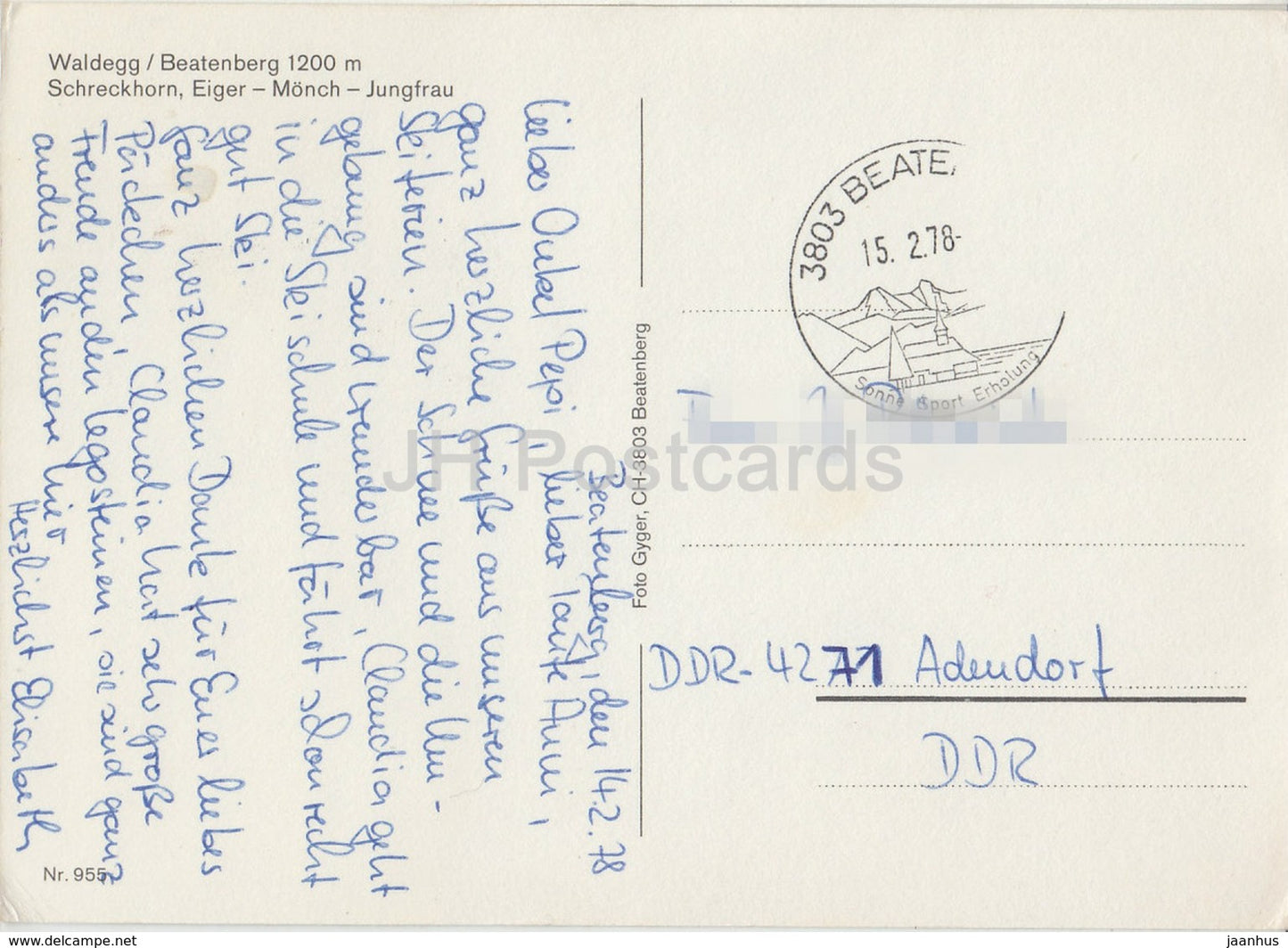 Waldegg - Beatenberg 1200 m - Schreckhorn - Mönch - Jungfrau - Berg - 955 - 1978 - Schweiz - gebraucht