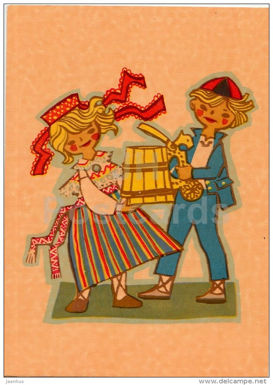illustration by M. Fuks - boy and girl - beer jug - Estonian Folk Costumes - 1969 - Estonia USSR - unused - JH Postcards