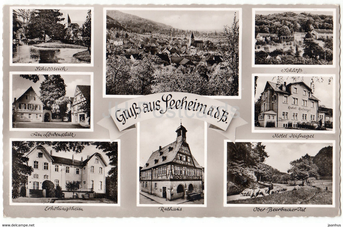 Gruss aus Seeheim a d B - Lowenplatz - Erholungsheim - Schloss - Hotel Hufnagel - Rathaus - Germany - unused - JH Postcards