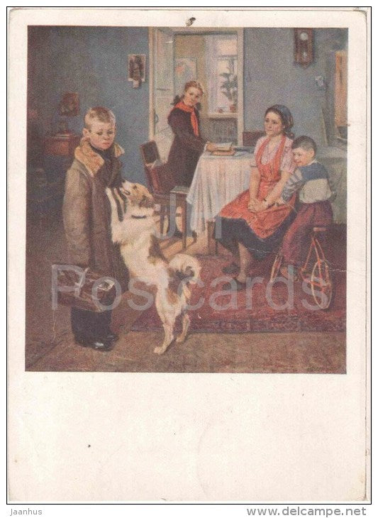 painting by F. Reshetnikov - Again, a bad grade - boy - bicycle - dog - russian art - unused - JH Postcards