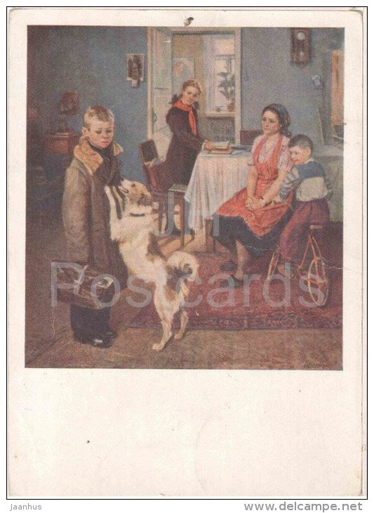 painting by F. Reshetnikov - Again, a bad grade - boy - bicycle - dog - russian art - unused - JH Postcards