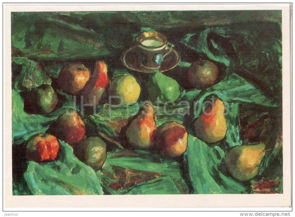 painting by I. Grabar - Still Life . Pears on the green Table-cloth . 1922 - russian art - unused - JH Postcards