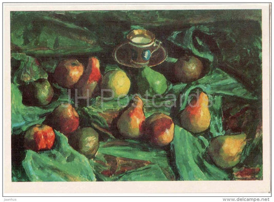 painting by I. Grabar - Still Life . Pears on the green Table-cloth . 1922 - russian art - unused - JH Postcards