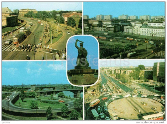 Jerusalem Avenue - bridge Poniatowski - Sirens Statue - traffic - tram - bus - Warszawa - Poland - unused - JH Postcards