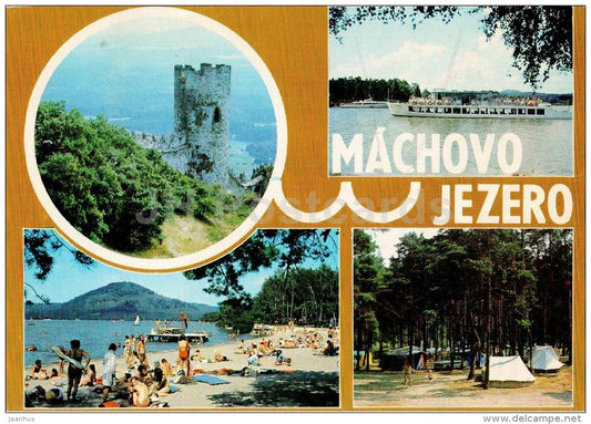 beach - passenger boat - camping area - castle - Machovo Jezero - Czechoslovakia - Czech - used 1992 - JH Postcards