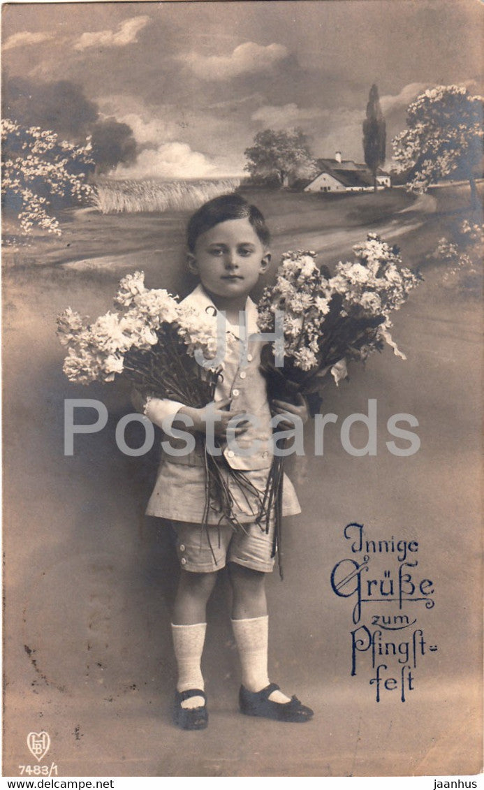 Pentecost Greeting Card - Innige Grusse zum pfingstfest - HB 7483/1 - boy - old postcard - 1919 - Germany - used - JH Postcards