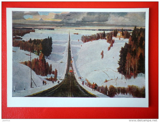 painting by G. Nissky . Winter in Moscow District , 1951 - traffic - bus - russian art - unused - JH Postcards