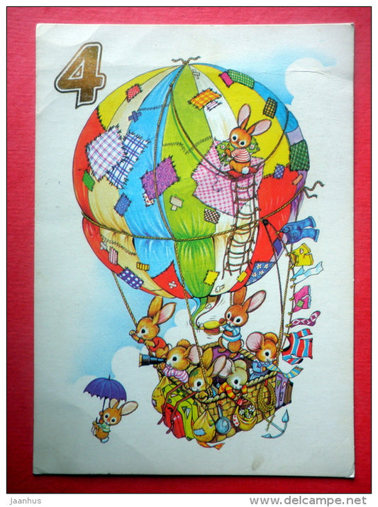 illustration - air balloon - hare - bunny - 4339/10 - Finland - sent from Finland to Estonia USSR 1984 - JH Postcards