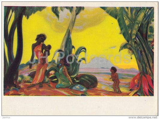 painting by S. Roerich - Silhouettes , 1958 - women and children - Russian art - 1960 - Russia USSR - unused - JH Postcards
