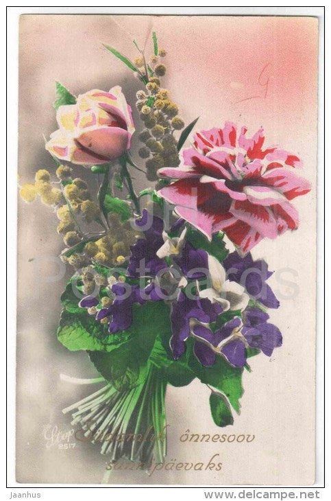 Birthday Greeting Card - peonies - roses - bouquet - flowers - Stop 2517 - circulated in Estonia Lõve 1932 - JH Postcards
