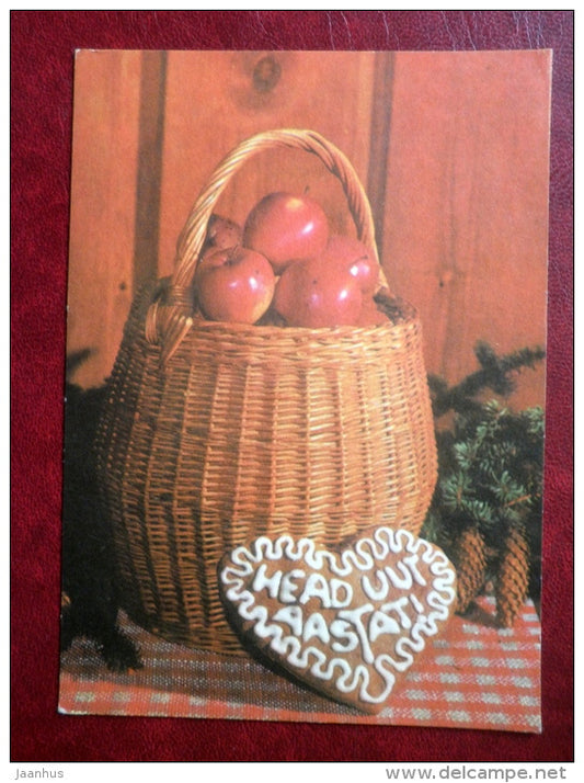 New Year Greeting card - gingerbread - basket with apples - 1976 - Estonia USSR - used - JH Postcards