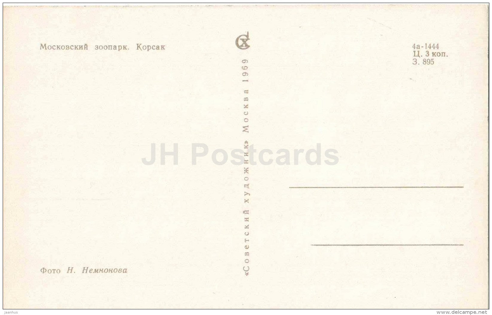Corsac fox - Vulpes corsac - Moscow Zoo - 1969 - Russia USSR - unused - JH Postcards