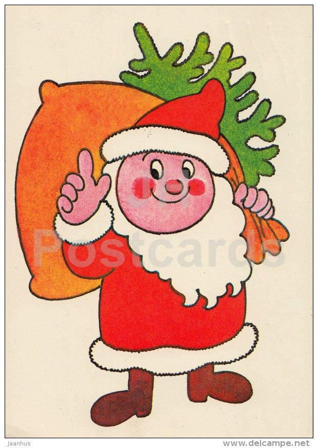 New Year Greeting card by L. Härm - Santa Claus with Gifts and Fir Tree - 1982 - Estonia USSR - used - JH Postcards