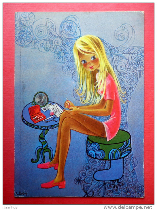 illustration by L. Dobon - girl painting nails - Holland - sent from Finland Rauma to Estonia USSR 1973 - JH Postcards