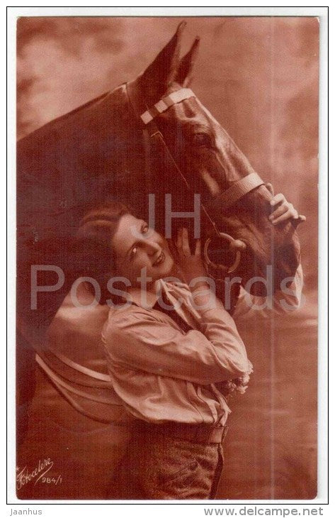 woman with horse - Fotocelere 984/1 - old postcard - circulated in Estonia - JH Postcards