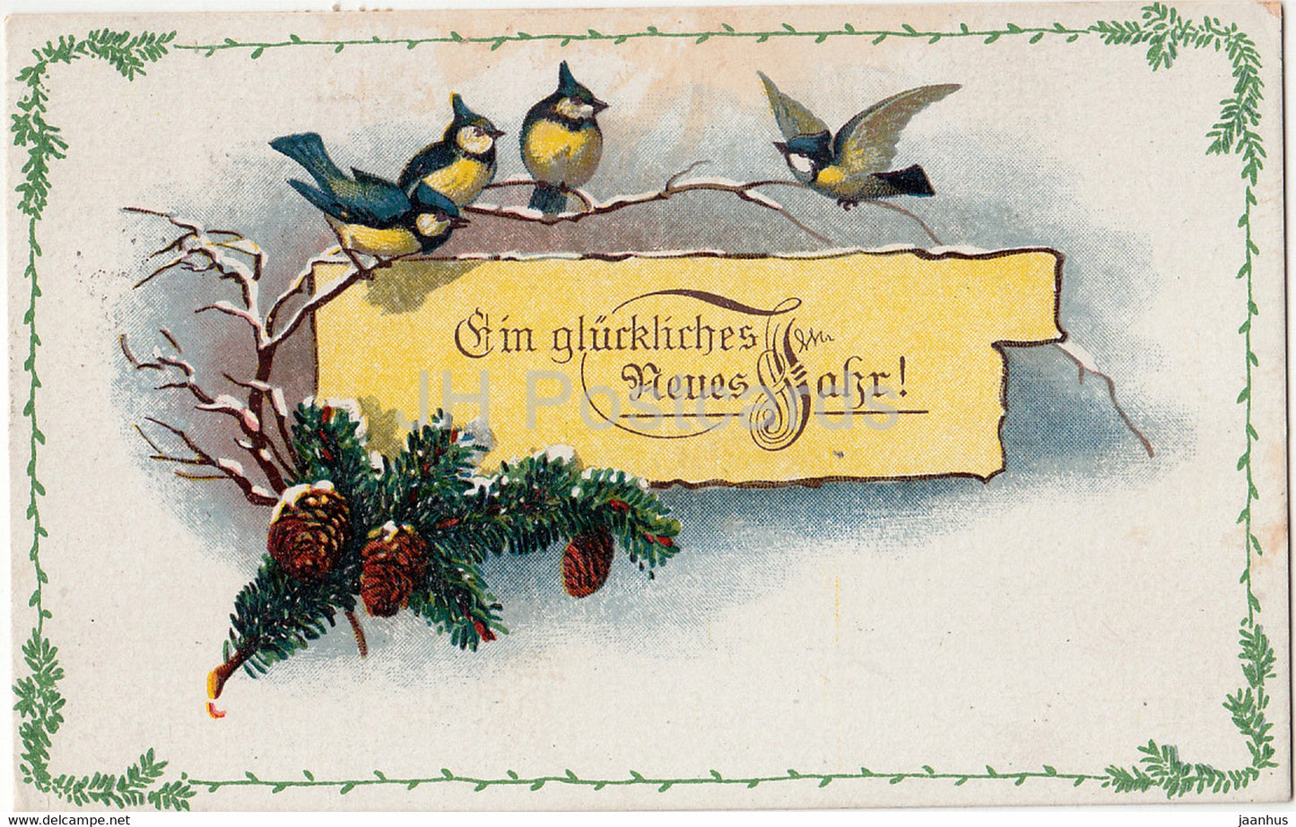 New Year Greeting Card - Ein Gluckliches neues Jahr - birds - blue tit - S V D - old postcard - 1923 - Germany - used - JH Postcards