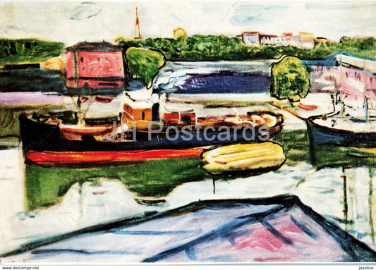 painting by Edvard Munch - Hafen von Lubeck - Port in Lubeck - ship - Norwegian art - Germany - unused - JH Postcards