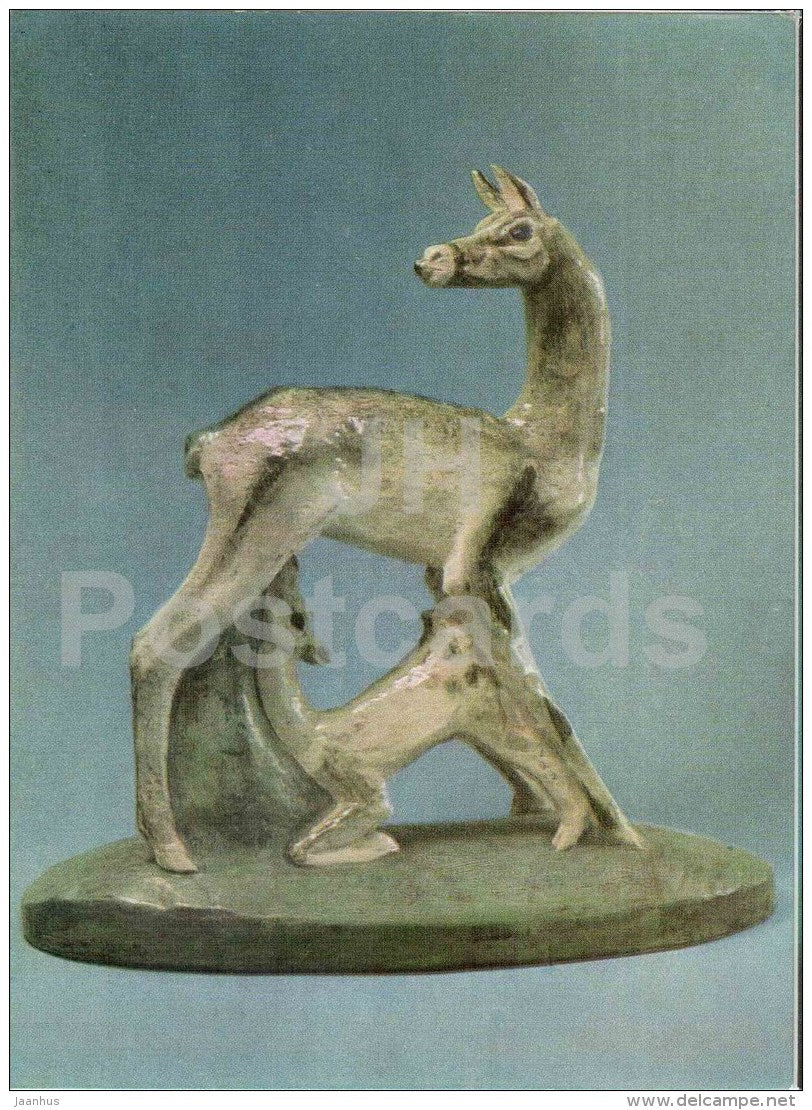 figures by Y. Yefimov - Doe with cub , 1929 - faience - russian art - unused - JH Postcards