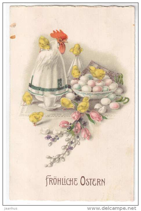 Easter greeting card - cock - chicken - flowers - 2442 - old postcard - circulated in Estonia - used - JH Postcards
