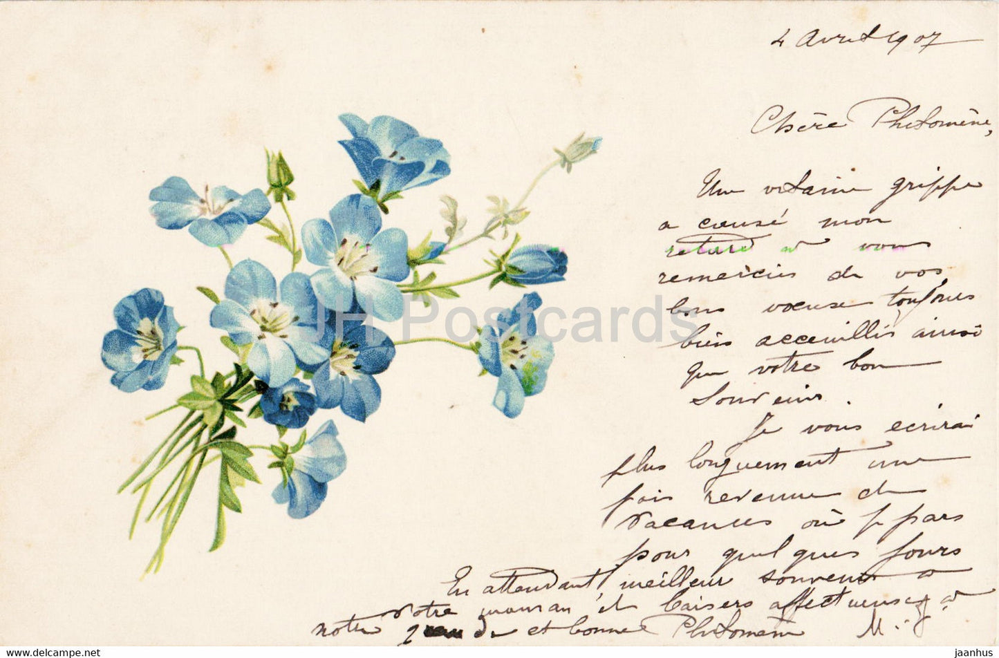 Birthday Greeting Card - blue flowers - illustration - old postcard - 1907 - France - used - JH Postcards