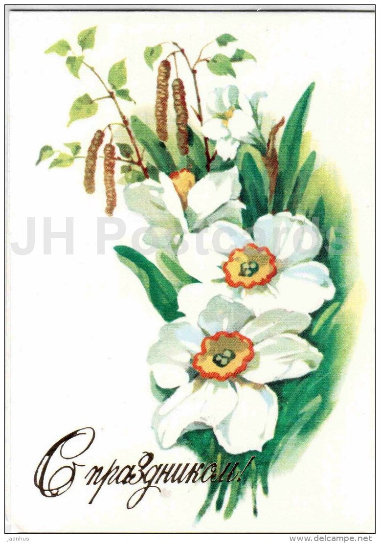 Birthday greeting card by A. Kurtenko - flowers - illustration - narcissus - daffodil - 1983 - Russia USSR - unused - JH Postcards