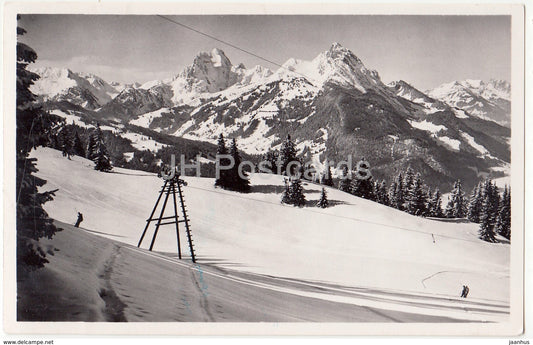 Skilift Schonried-Horneggli - Blick auf Rubli und Gummfluh - ski lift - Switzerland - 1951 - used - JH Postcards