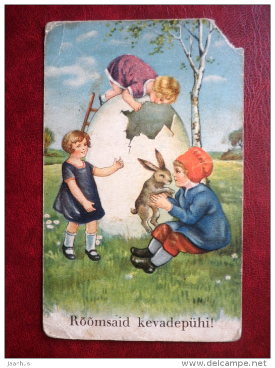 Easter Greeting Card - hare - egg - children - WO 114 - old postcard - Estonia - used - JH Postcards