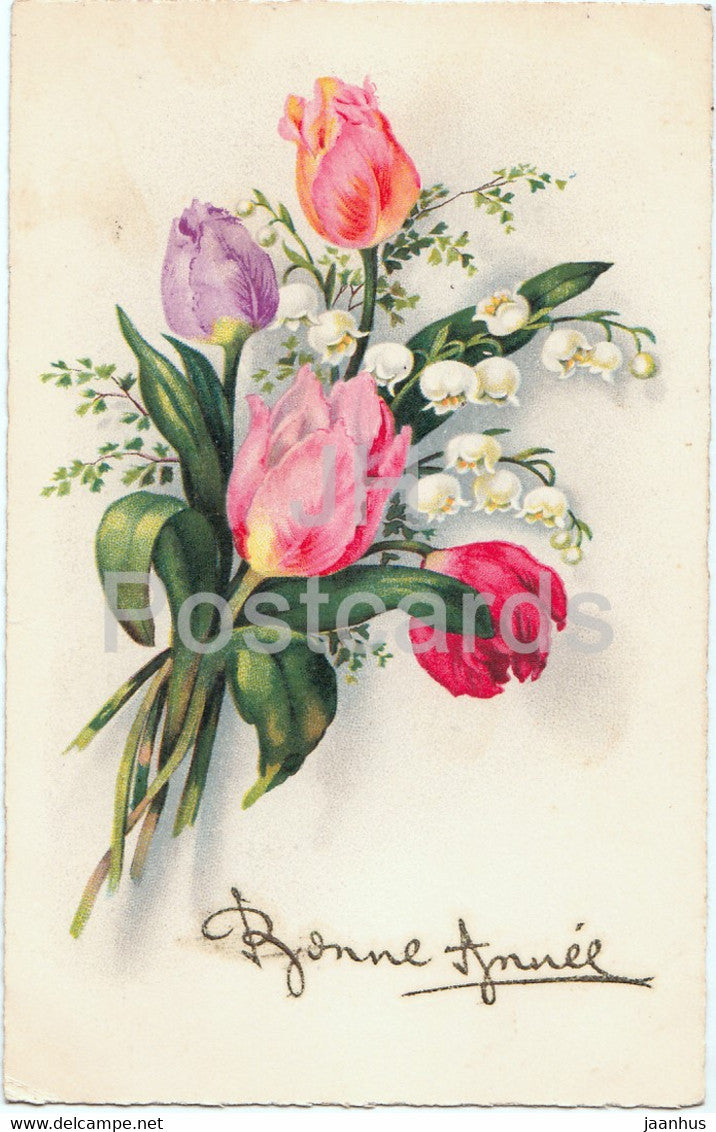 Birthday Greeting Card - Bonne Annee - flowers - tulips - 308-2 - illustration - old postcard - 1940 - France - used - JH Postcards