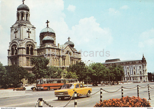 Varna - Church of the Holy Mother of God - car Moskvich - bus Ikarus - Bulgaria - used - JH Postcards