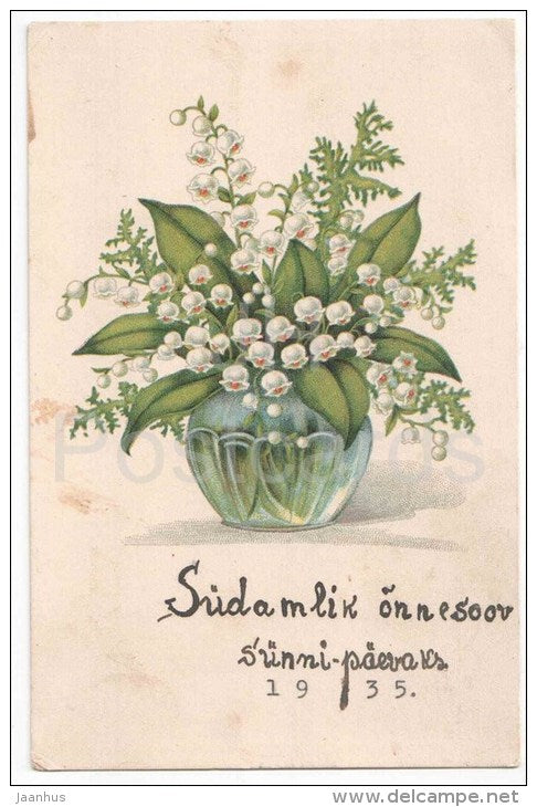 Birthday Greeting Card - Lily-of-the-Valley in the Vase - flowers - KJ Tartu 2 - old postcard - circulated in Estonia - JH Postcards