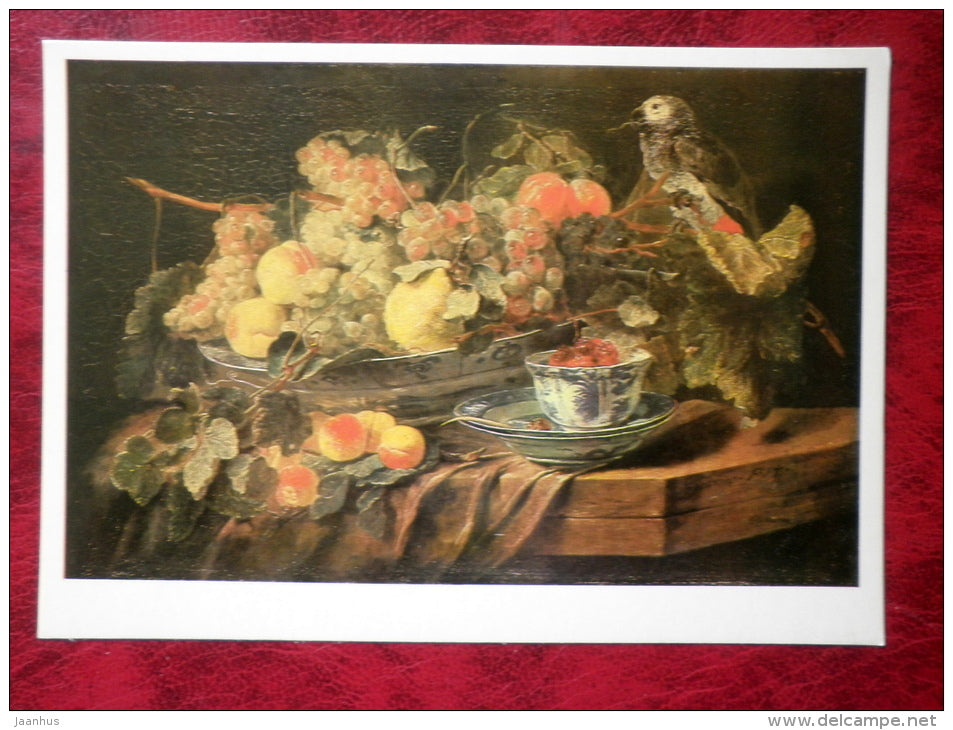 Painting by Jan Fyt - Still Life - Flowers, Fruit and Parrot - flemish art - unused - JH Postcards