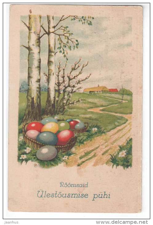 Easter greeting card - birch trees - eggs - KJ Tartu - old postcard - circulated in Estonia 1932 , Tallinn - used - JH Postcards