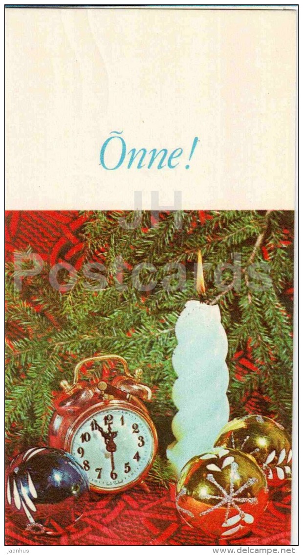 New Year Greeting Card - decorations - alarm clock - candle - 1980 - Estonia USSR - used - JH Postcards