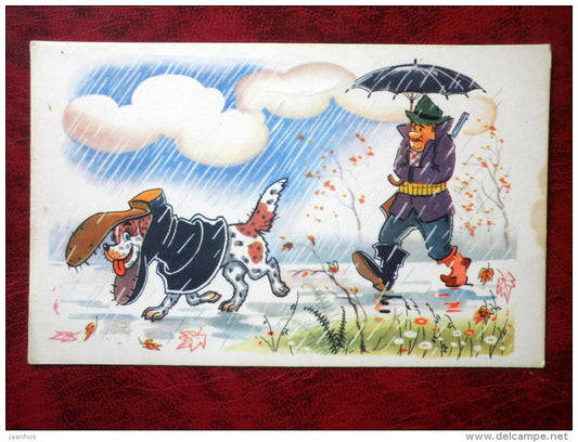 funny hunters and anglers by Orlov, Schwarz - autumn motive - hunter - dog - 1968 - Russia - USSR - unused - JH Postcards