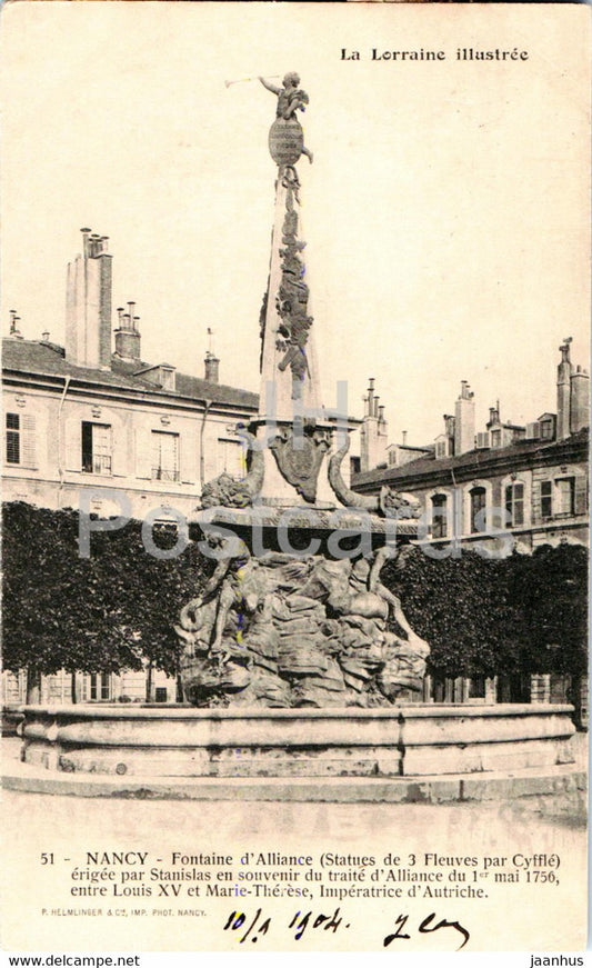 Nancy - Fontaine d'Alliance - 51 - old postcard - 1904 - France - used - JH Postcards
