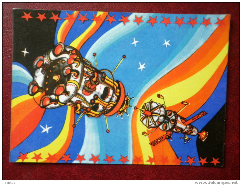 New Year Greeting card - by A. Paistik - space ships - 1976 - Estonia USSR - used - JH Postcards