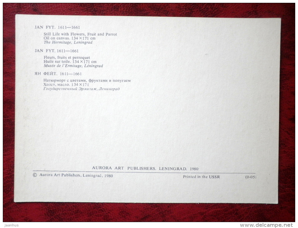 Painting by Jan Fyt - Still Life - Flowers, Fruit and Parrot - flemish art - unused - JH Postcards