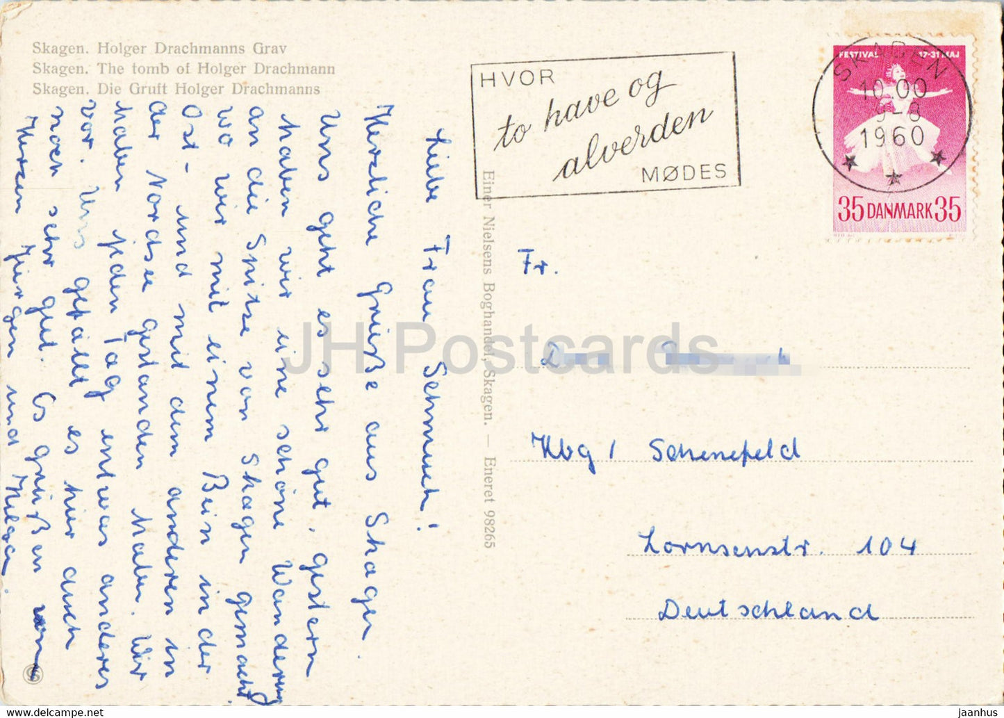 Skagen - Le Tombeau de Holger Drachmann - carte postale ancienne - 1960 - Danemark - utilisé