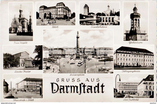 Gruss aus Darmstadt - Luisenplatz - Schloss - Russ Kapelle - Glockenturm - tram - old postcard - 1954 - Germany - used - JH Postcards