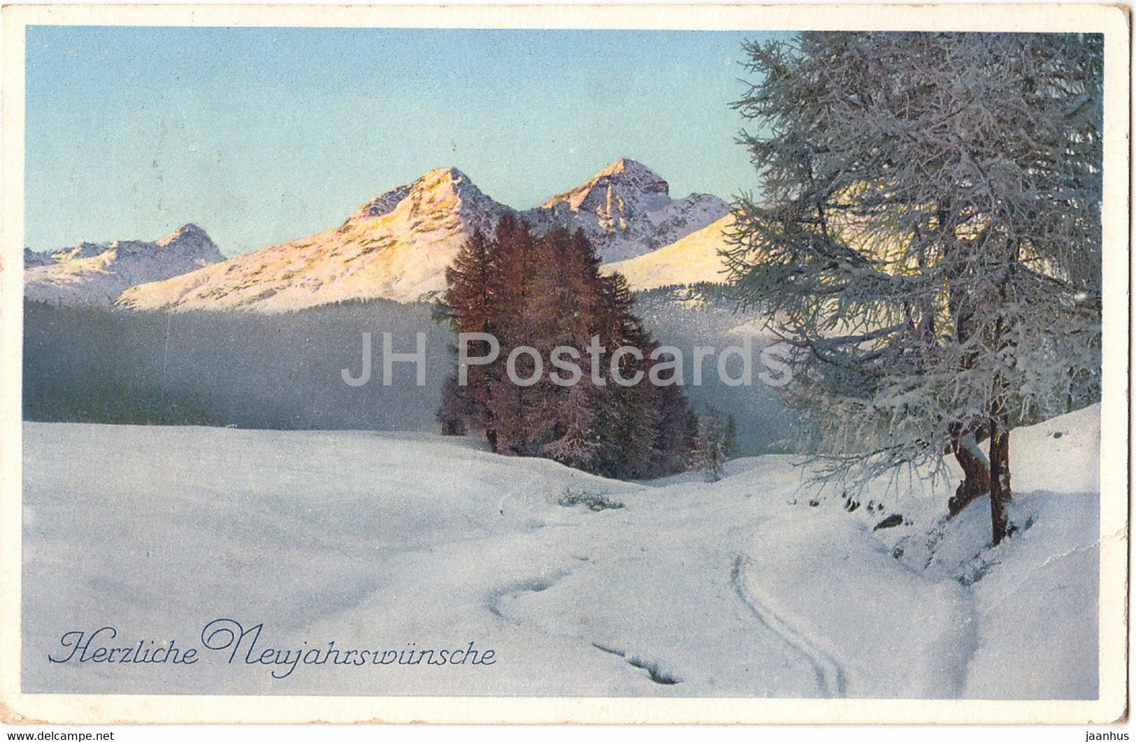 New Year Greeting Card - Herzliche Neujahrswunsche - winter view - A. Ruegg - old postcard - 1927 - Switzerland - used - JH Postcards