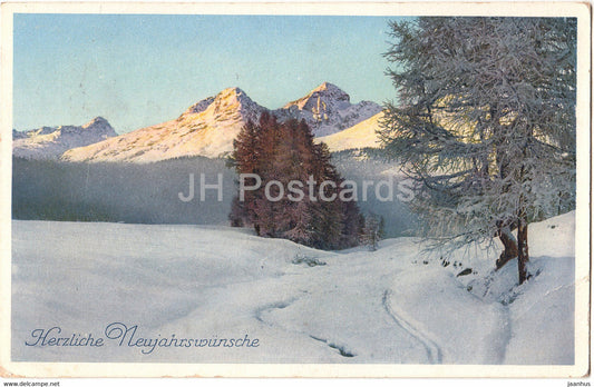 New Year Greeting Card - Herzliche Neujahrswunsche - winter view - A. Ruegg - old postcard - 1927 - Switzerland - used - JH Postcards