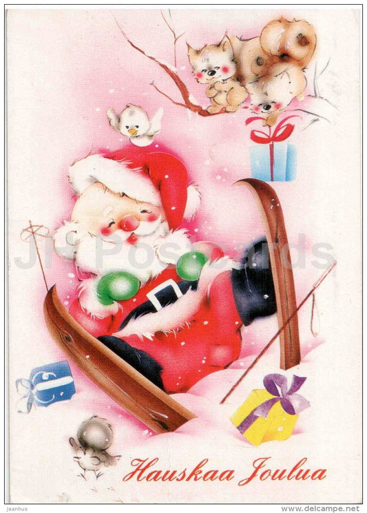 Christmas Greeting Card - Santa Claus - skiing - squirrel - birds - Barcelona 1992 swimming - Finland - used in 1992 - JH Postcards