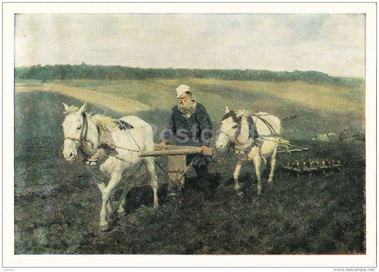 painting by I. Repin - Russian writer Tolstoy plowing , 1887 - horse - Russian art - 1978 - Russia USSR - unused - JH Postcards