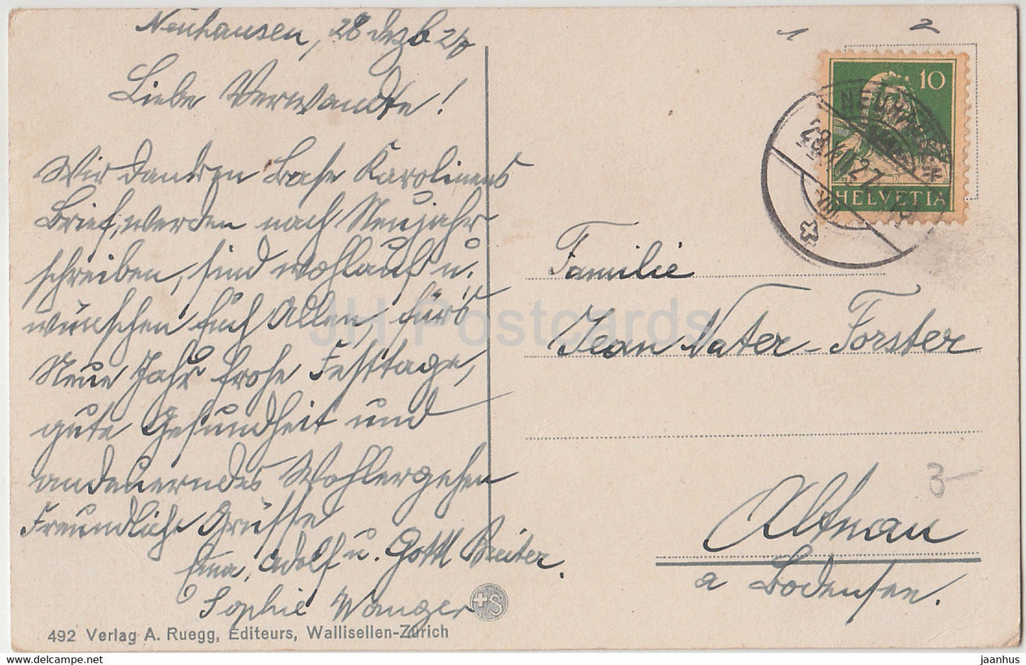 New Year Greeting Card - Herzliche Neujahrswunsche - winter view - A. Ruegg - old postcard - 1927 - Switzerland - used
